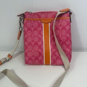 Coach Signature Pink Orange Stripe Canvas Coated Crossbody Purse Bag signature